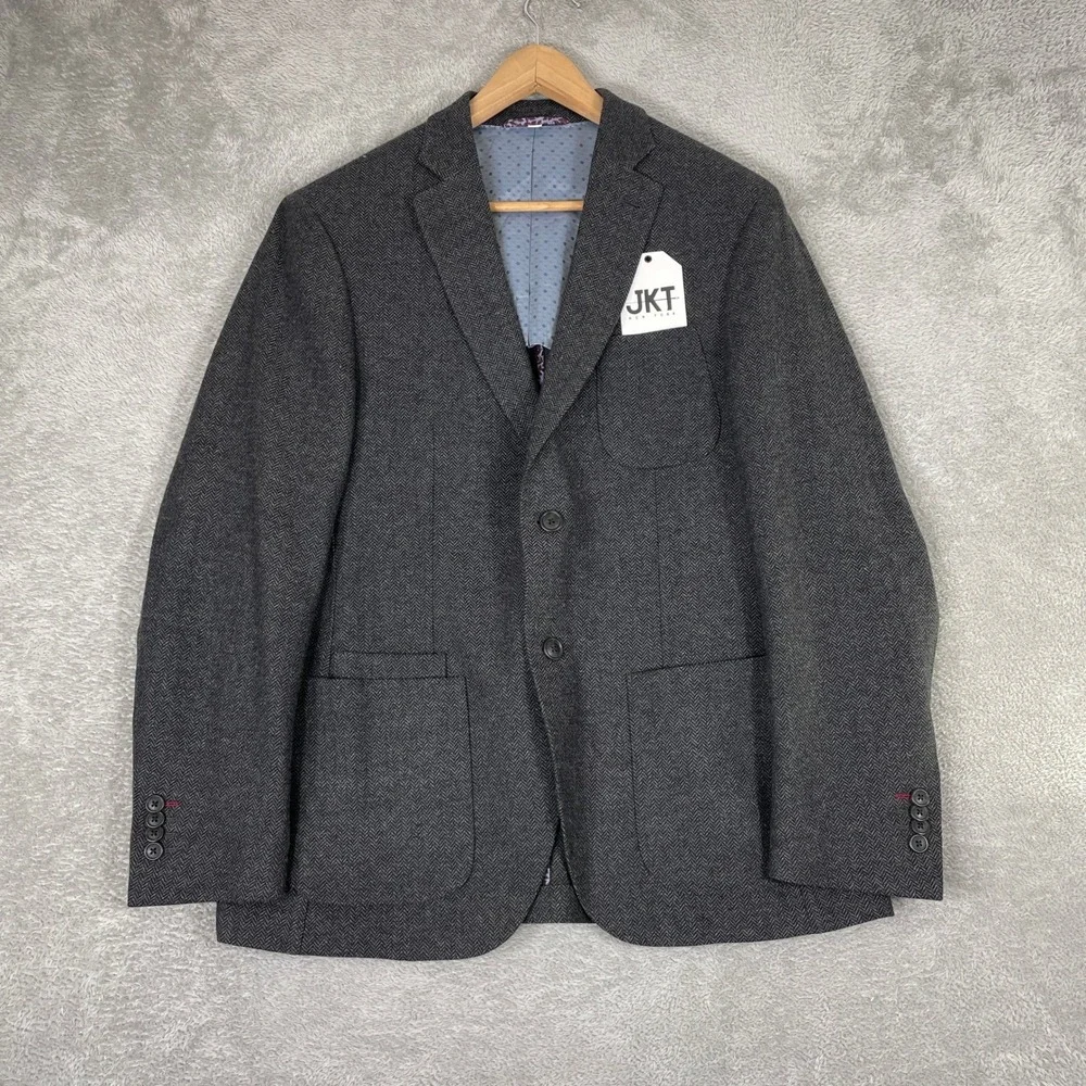 JKT New York Sport Coat Mens 38R Dark Grey‎ Herringbone Wool Blend Blazer Bond